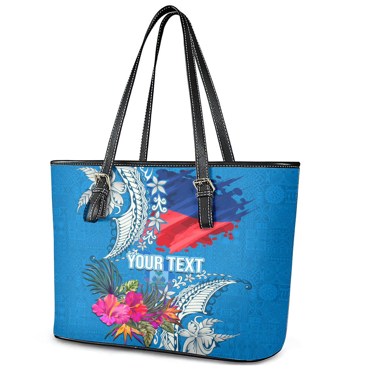 Personalised Haiti Coat Of Arms Leather Tote Bag Repiblik d Ayiti Tropical Flower Blue Polynesian Pattern LT03 - Polynesian Pride