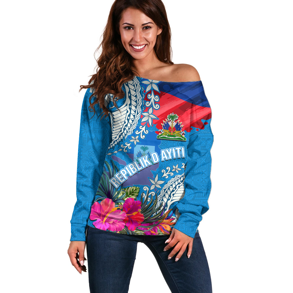 Personalised Haiti Coat Of Arms Off Shoulder Sweater Repiblik d Ayiti Tropical Flower Blue Polynesian Pattern LT03 Women Blue - Polynesian Pride