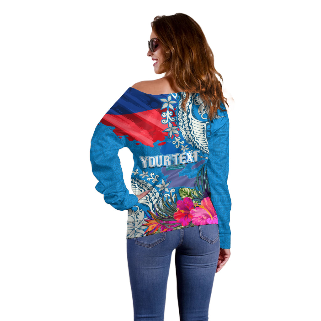 Personalised Haiti Coat Of Arms Off Shoulder Sweater Repiblik d Ayiti Tropical Flower Blue Polynesian Pattern LT03 - Polynesian Pride