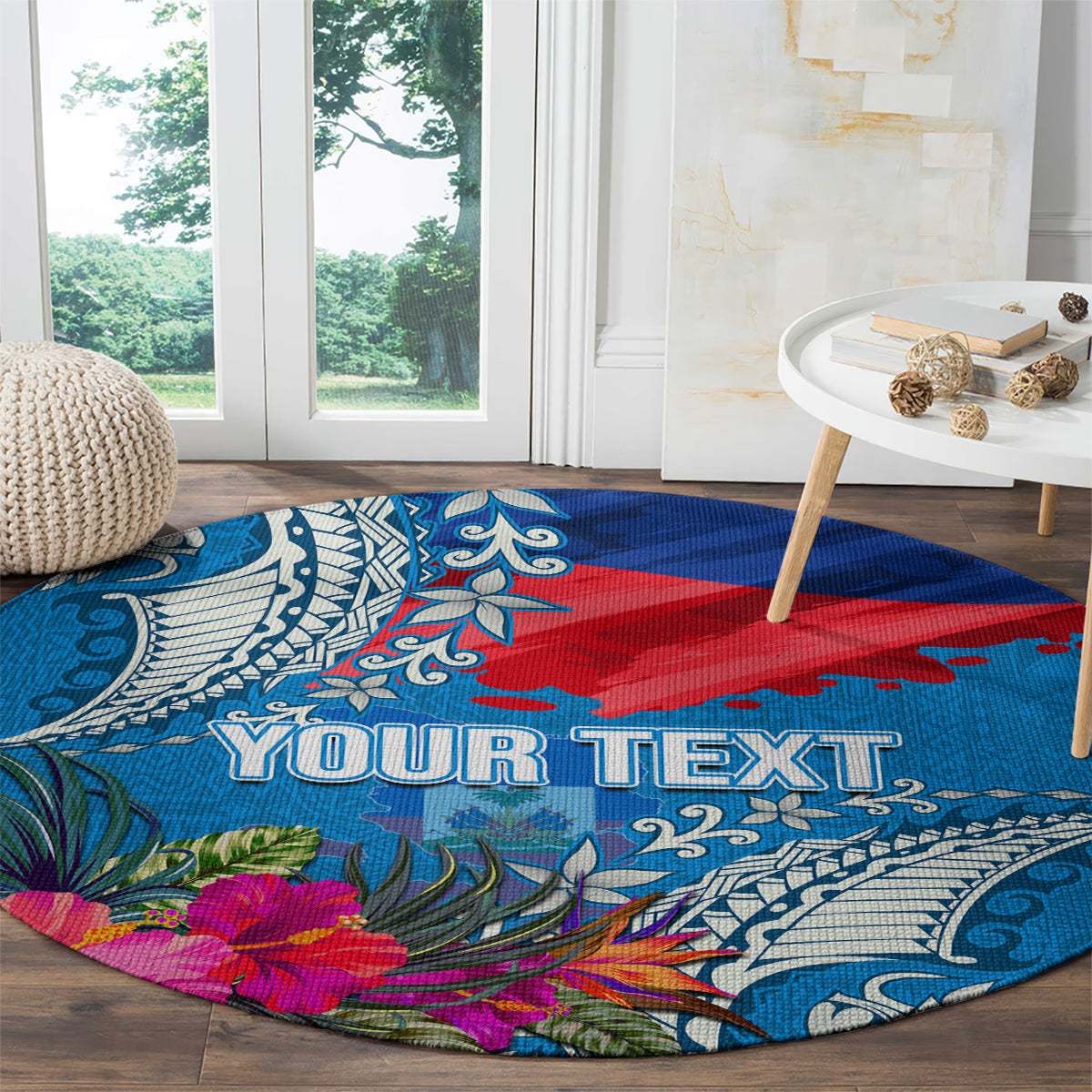 Personalised Haiti Coat Of Arms Round Carpet Repiblik d Ayiti Tropical Flower Blue Polynesian Pattern LT03 - Polynesian Pride