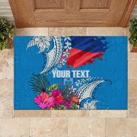 Personalised Haiti Coat Of Arms Rubber Doormat Repiblik d Ayiti Tropical Flower Blue Polynesian Pattern LT03 - Polynesian Pride