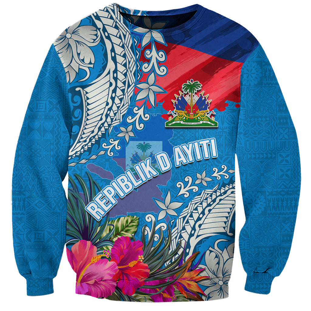 Personalised Haiti Coat Of Arms Sweatshirt Repiblik d Ayiti Tropical Flower Blue Polynesian Pattern LT03 Unisex Blue - Polynesian Pride