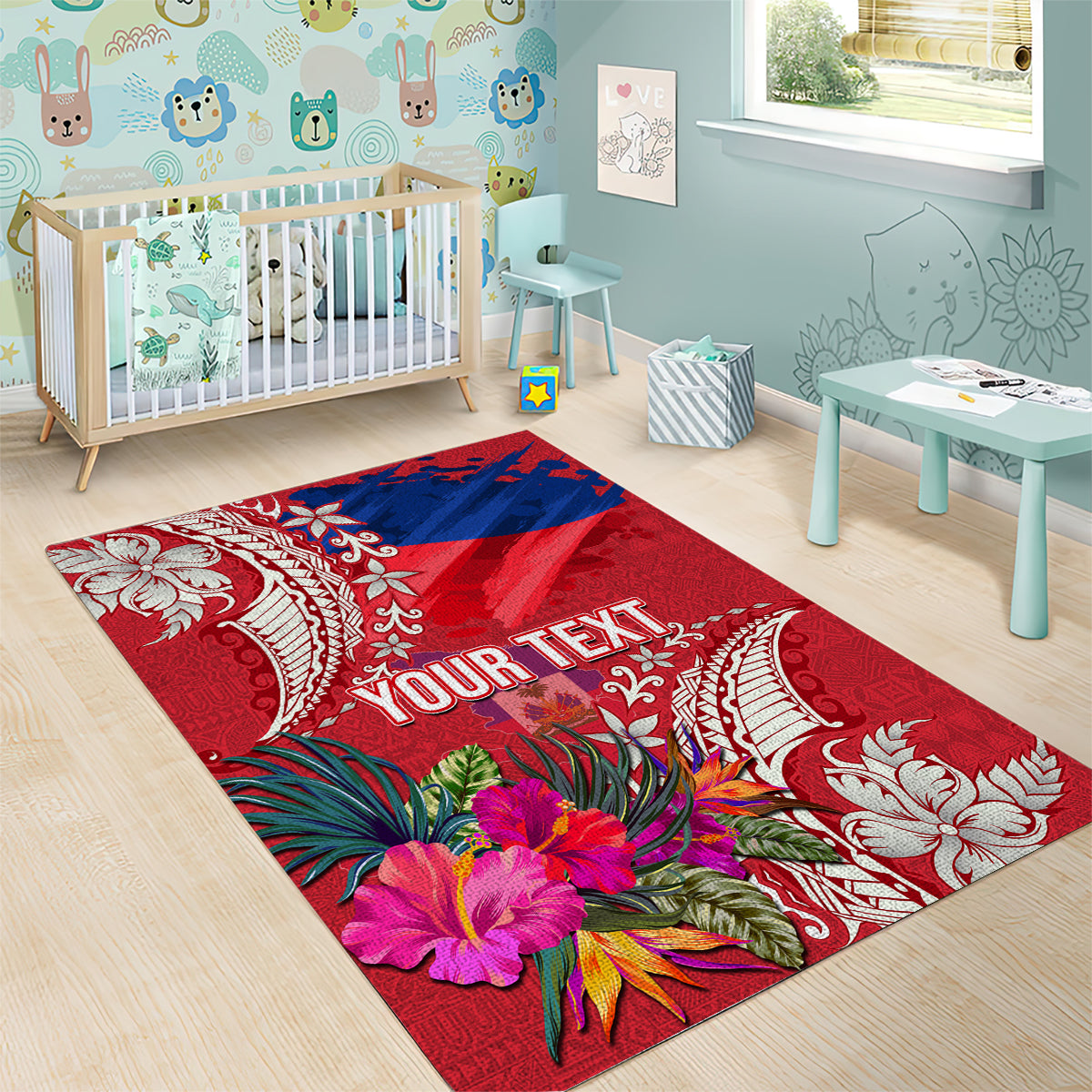 Personalised Haiti Coat Of Arms Area Rug Repiblik d Ayiti Tropical Flower Red Polynesian Pattern LT03 - Polynesian Pride