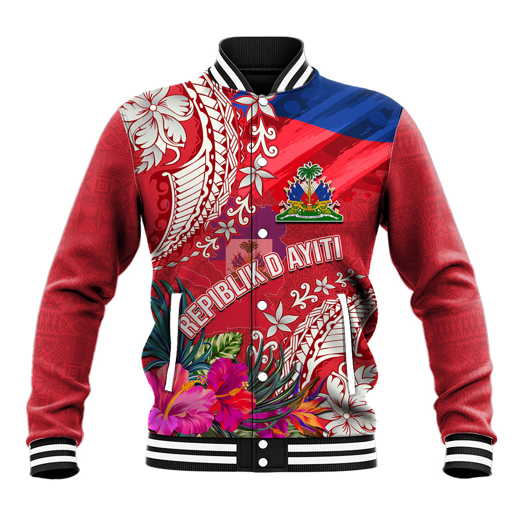 Personalised Haiti Coat Of Arms Baseball Jacket Repiblik d Ayiti Tropical Flower Red Polynesian Pattern LT03 Unisex Red - Polynesian Pride