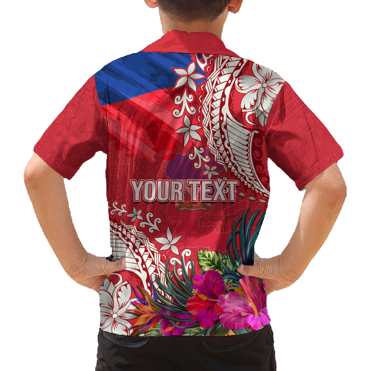 Personalised Haiti Coat Of Arms Family Matching Off Shoulder Long Sleeve Dress and Hawaiian Shirt Repiblik d Ayiti Tropical Flower Red Polynesian Pattern LT03 - Polynesian Pride