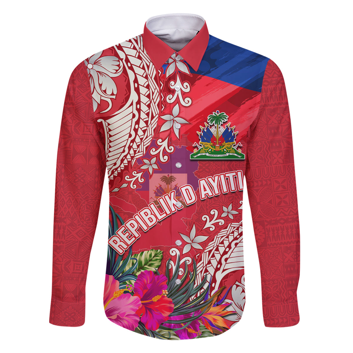 Personalised Haiti Coat Of Arms Family Matching Off Shoulder Maxi Dress and Hawaiian Shirt Repiblik d Ayiti Tropical Flower Red Polynesian Pattern LT03 Dad's Shirt - Long Sleeve Red - Polynesian Pride