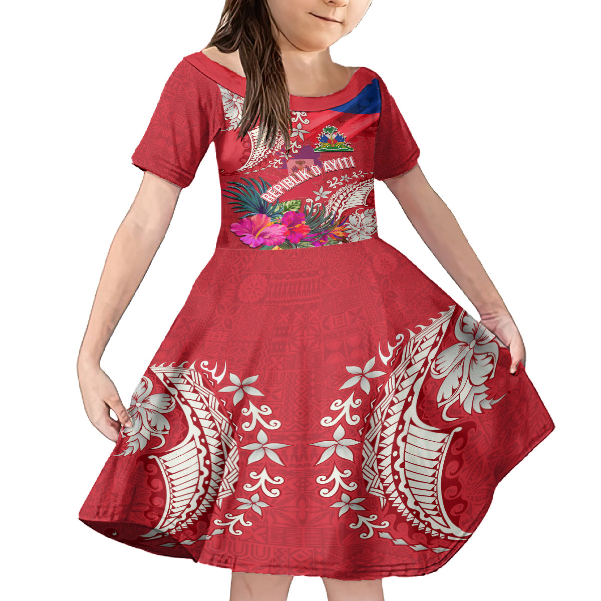 Personalised Haiti Coat Of Arms Family Matching Tank Maxi Dress and Hawaiian Shirt Repiblik d Ayiti Tropical Flower Red Polynesian Pattern LT03 Daughter's Dress Red - Polynesian Pride