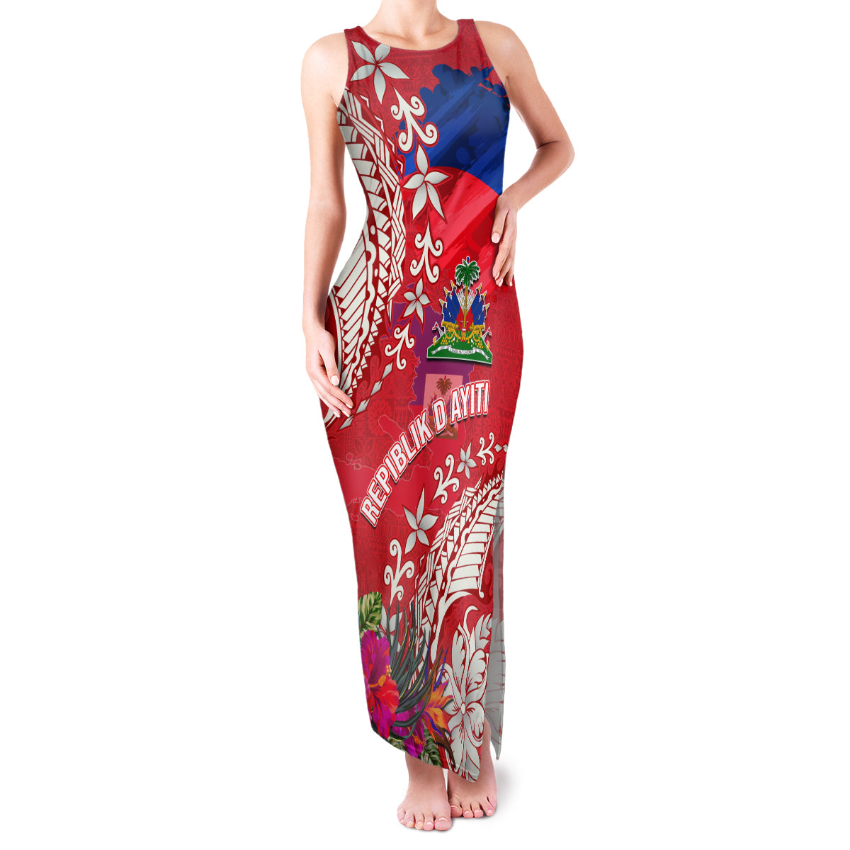 Personalised Haiti Coat Of Arms Family Matching Tank Maxi Dress and Hawaiian Shirt Repiblik d Ayiti Tropical Flower Red Polynesian Pattern LT03 Mom's Dress Red - Polynesian Pride