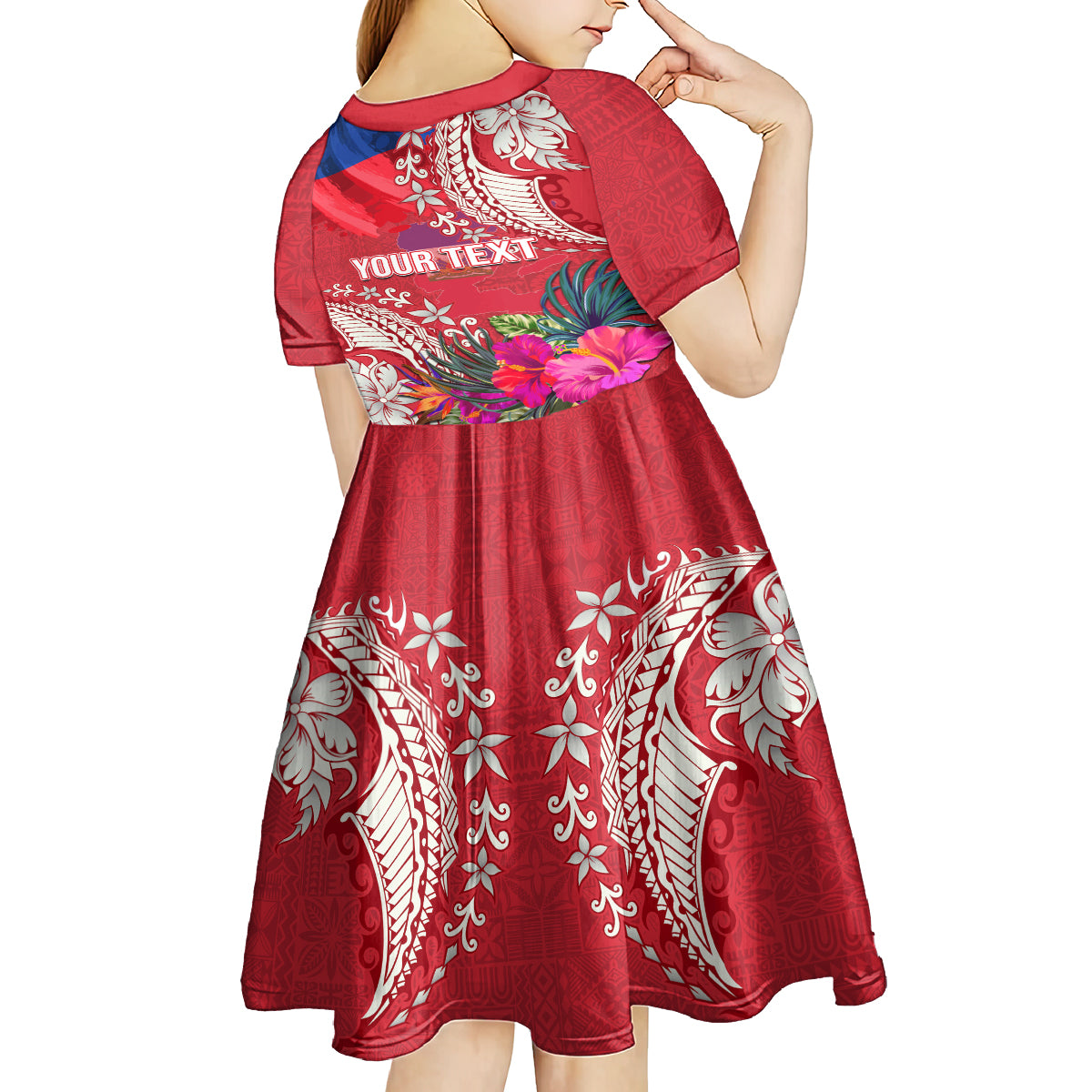 Personalised Haiti Coat Of Arms Kid Short Sleeve Dress Repiblik d Ayiti Tropical Flower Red Polynesian Pattern LT03 - Polynesian Pride