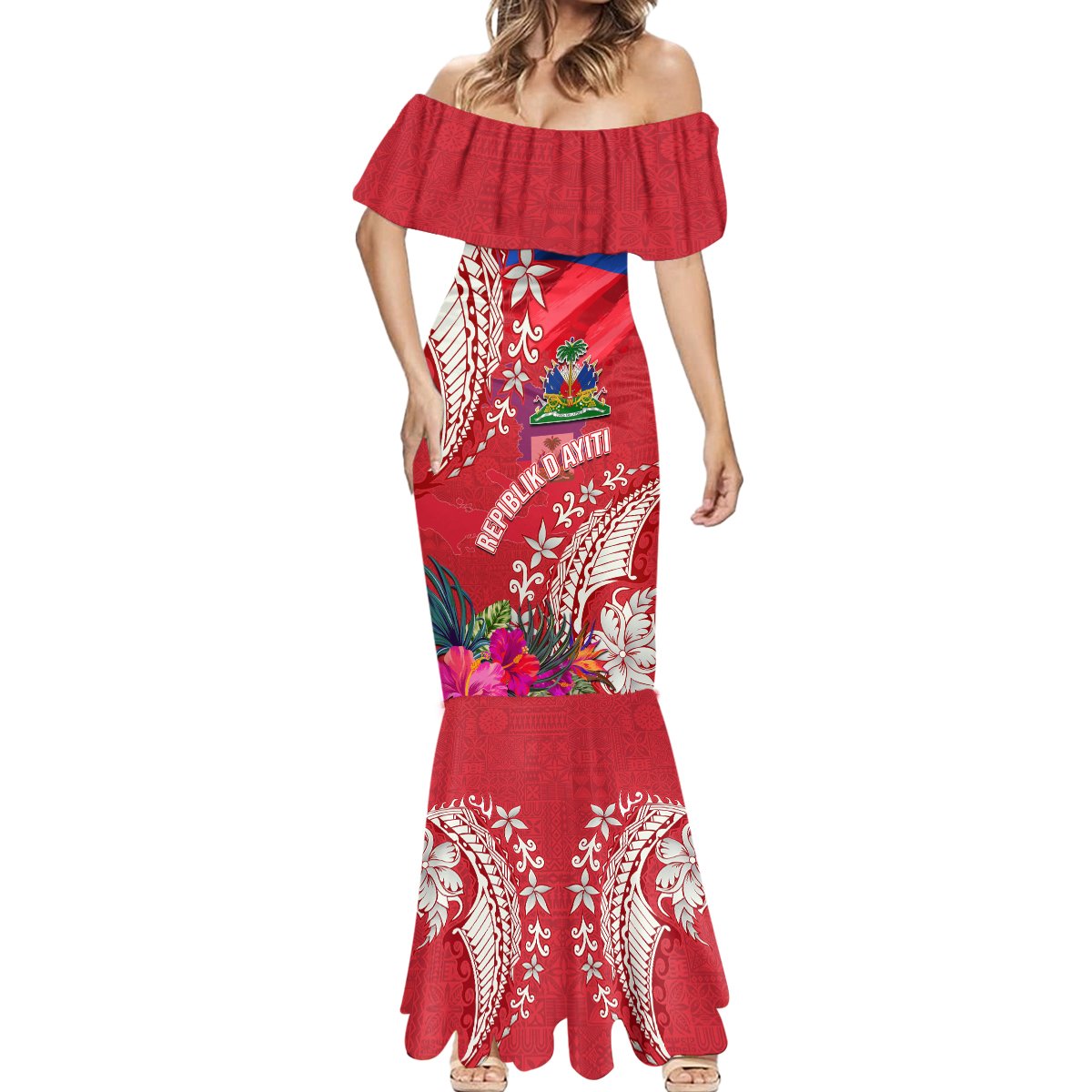 Personalised Haiti Coat Of Arms Mermaid Dress Repiblik d Ayiti Tropical Flower Red Polynesian Pattern LT03 - Polynesian Pride