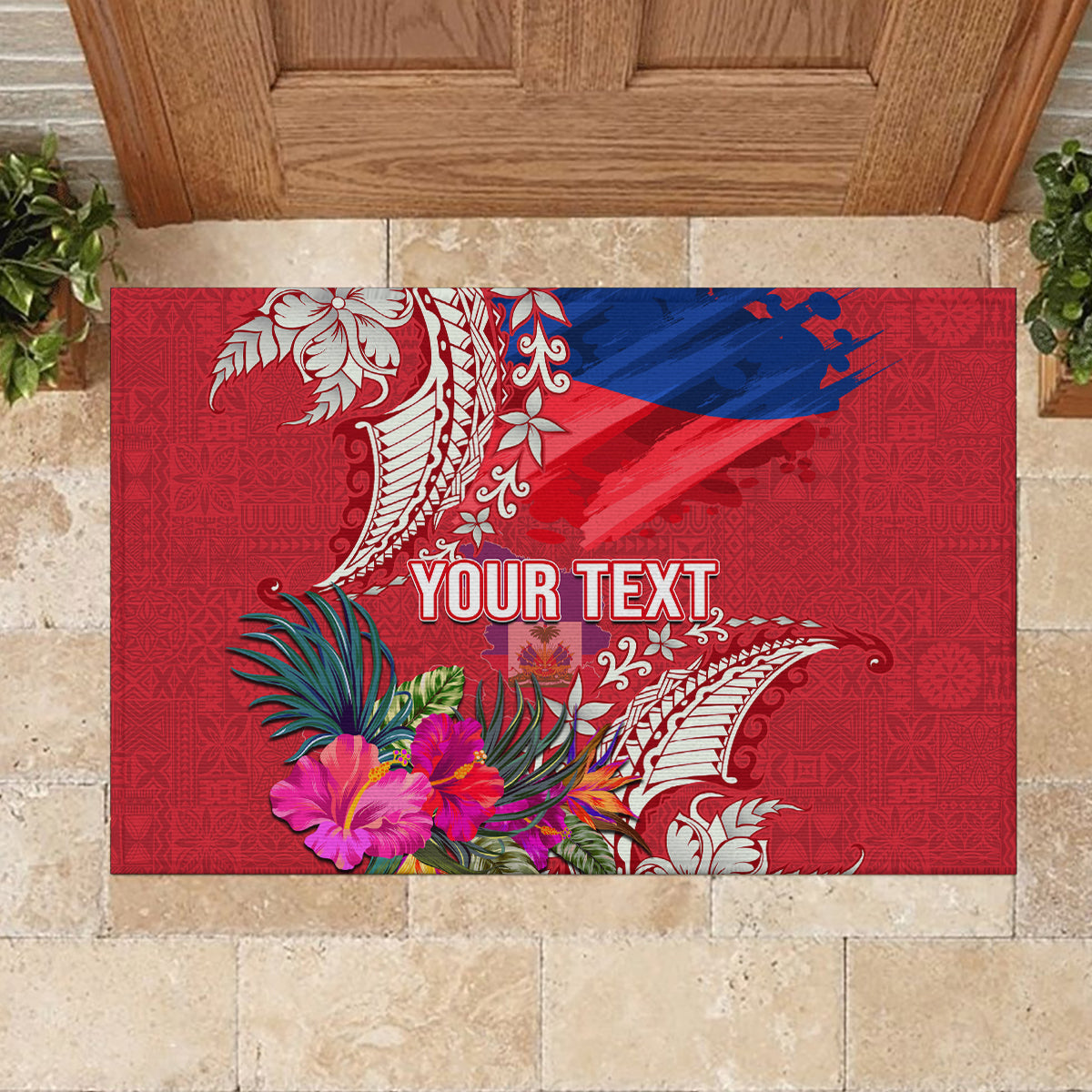 Personalised Haiti Coat Of Arms Rubber Doormat Repiblik d Ayiti Tropical Flower Red Polynesian Pattern LT03 - Polynesian Pride