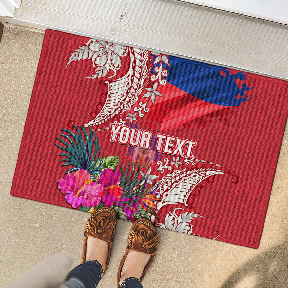 Personalised Haiti Coat Of Arms Rubber Doormat Repiblik d Ayiti Tropical Flower Red Polynesian Pattern LT03 - Polynesian Pride