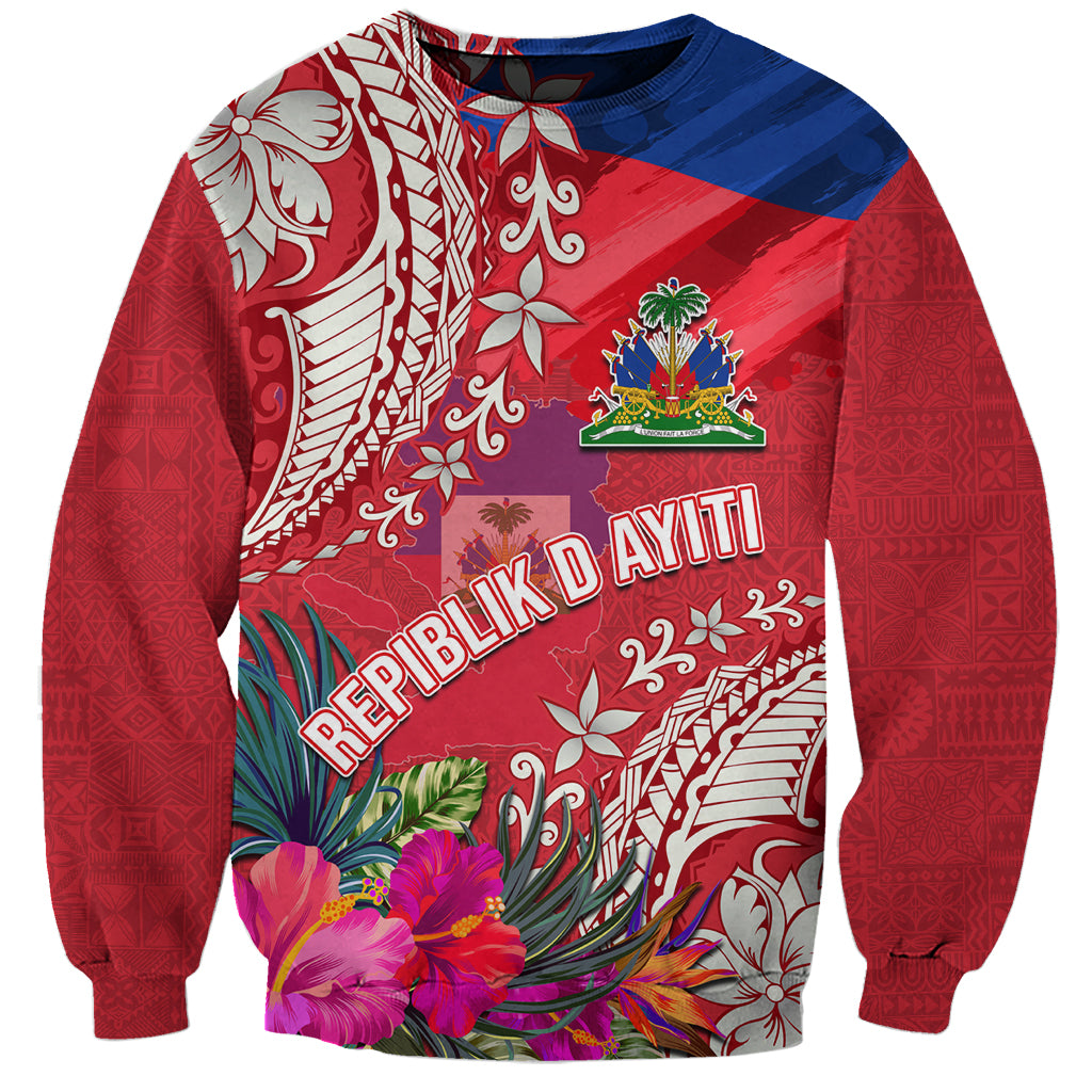 Personalised Haiti Coat Of Arms Sweatshirt Repiblik d Ayiti Tropical Flower Red Polynesian Pattern LT03 Unisex Red - Polynesian Pride