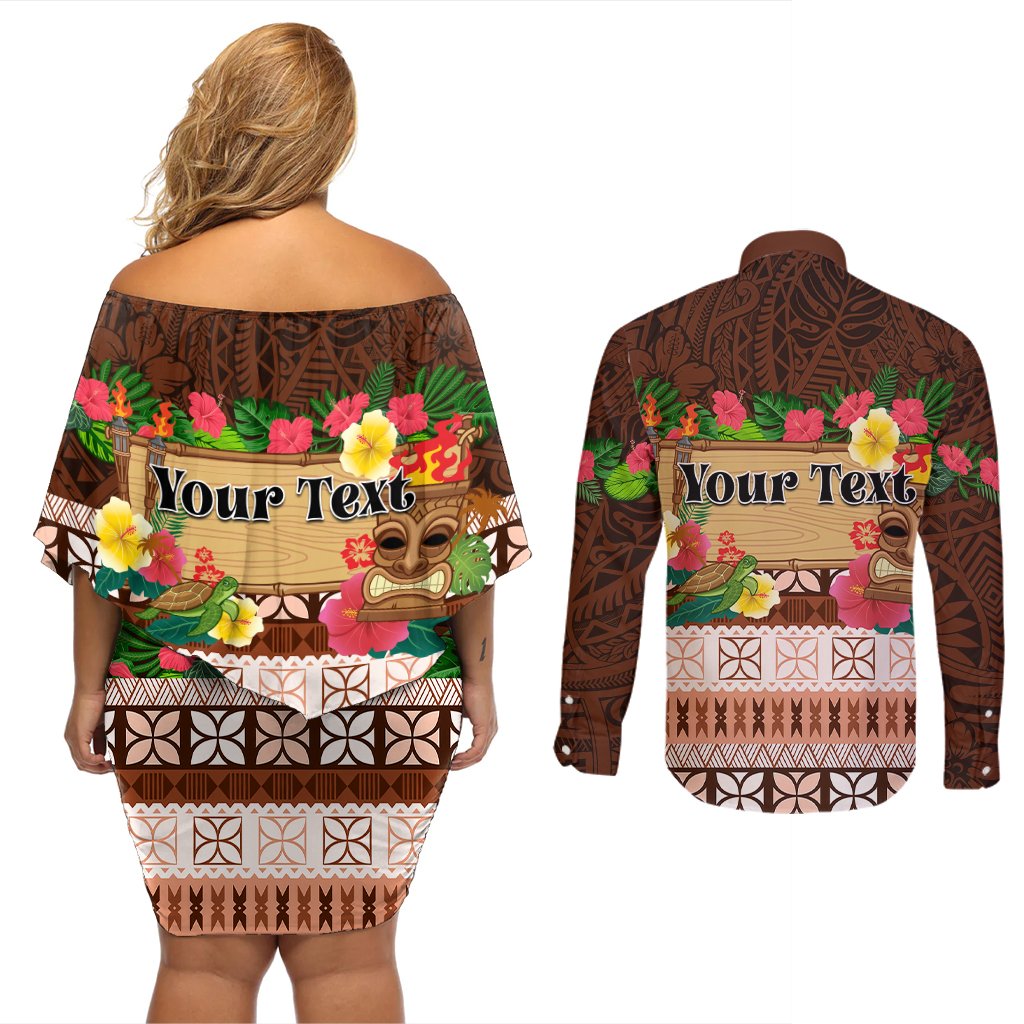 Pasifika Festival Auckland Couples Matching Off Shoulder Short Dress and Long Sleeve Button Shirt Polynesian Tribal with Pacific Pattern Brown Color LT03 - Polynesian Pride