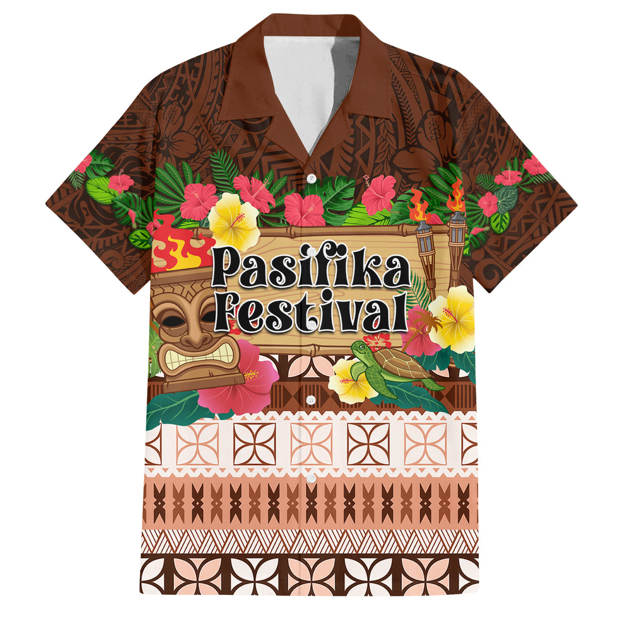 Pasifika Festival Auckland Family Matching Off Shoulder Long Sleeve Dress and Hawaiian Shirt Polynesian Tribal with Pacific Pattern Brown Color LT03 Dad's Shirt - Short Sleeve Brown - Polynesian Pride