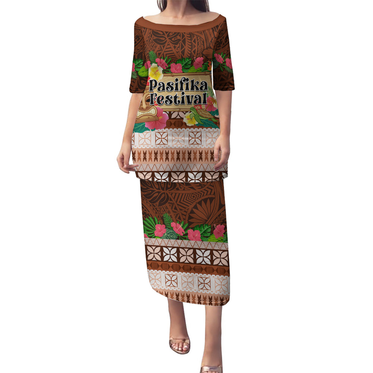 Pasifika Festival Auckland Family Matching Puletasi and Hawaiian Shirt Polynesian Tribal with Pacific Pattern Brown Color LT03 Mom's Dress Brown - Polynesian Pride