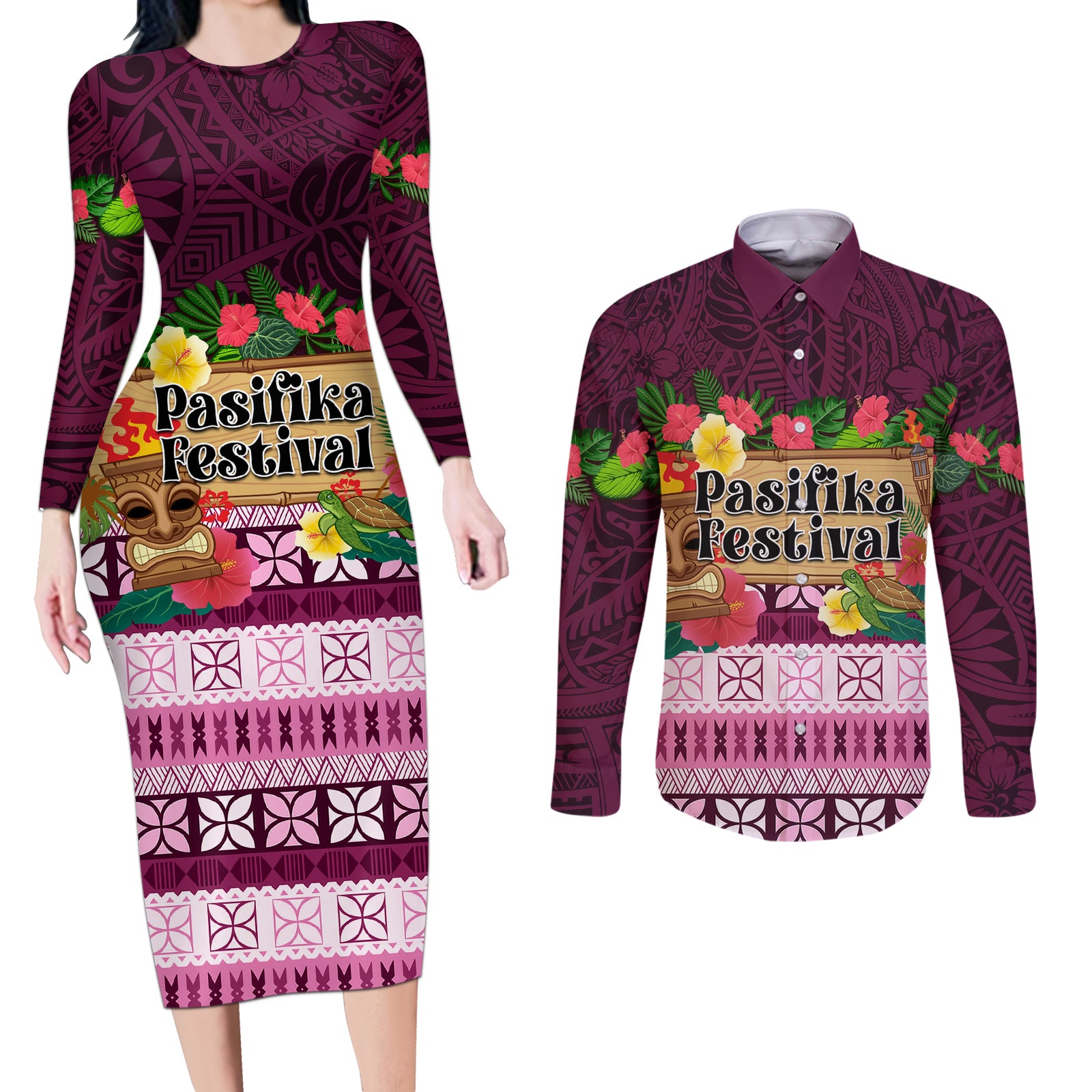 Pasifika Festival Auckland Couples Matching Long Sleeve Bodycon Dress and Long Sleeve Button Shirt Polynesian Tribal with Pacific Pattern Pink Color LT03 Pink - Polynesian Pride