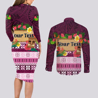 Pasifika Festival Auckland Couples Matching Long Sleeve Bodycon Dress and Long Sleeve Button Shirt Polynesian Tribal with Pacific Pattern Pink Color LT03 - Polynesian Pride