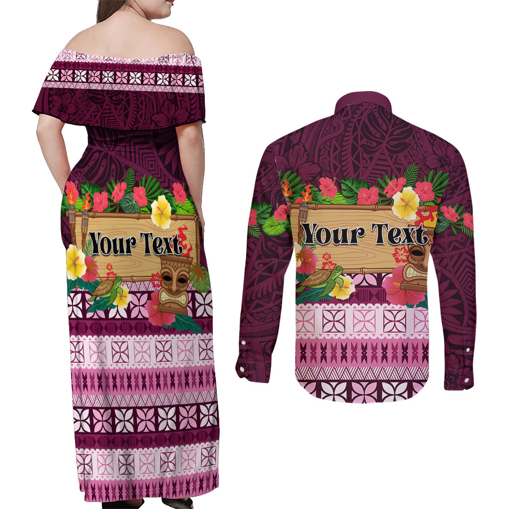 Pasifika Festival Auckland Couples Matching Off Shoulder Maxi Dress and Long Sleeve Button Shirt Polynesian Tribal with Pacific Pattern Pink Color LT03 - Polynesian Pride