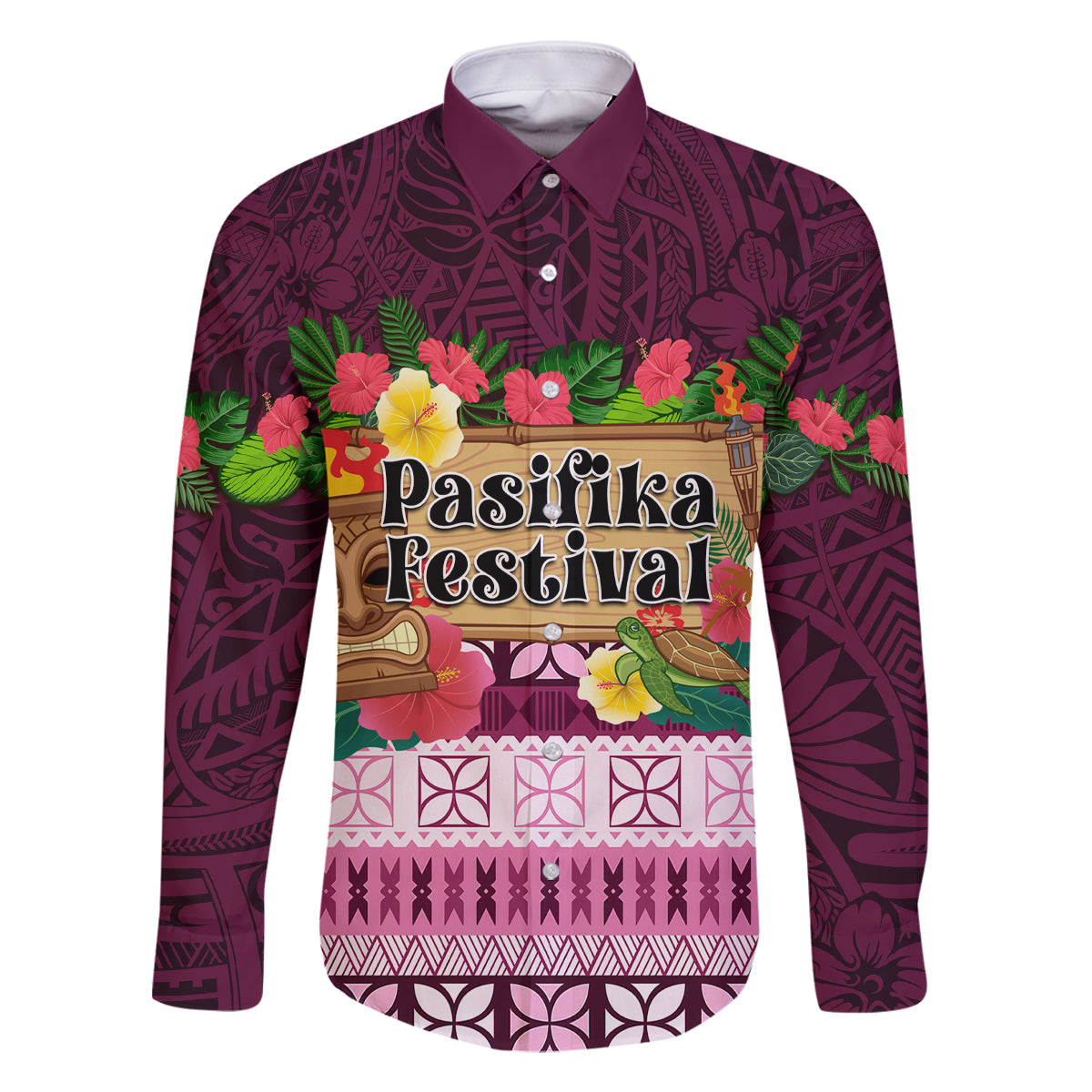 Pasifika Festival Auckland Family Matching Off Shoulder Short Dress and Hawaiian Shirt Polynesian Tribal with Pacific Pattern Pink Color LT03 Dad's Shirt - Long Sleeve Pink - Polynesian Pride