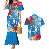 Yap Day Couples Matching Mermaid Dress and Hawaiian Shirt Tapa Pattern with Hisbiscus LT03 Blue - Polynesian Pride