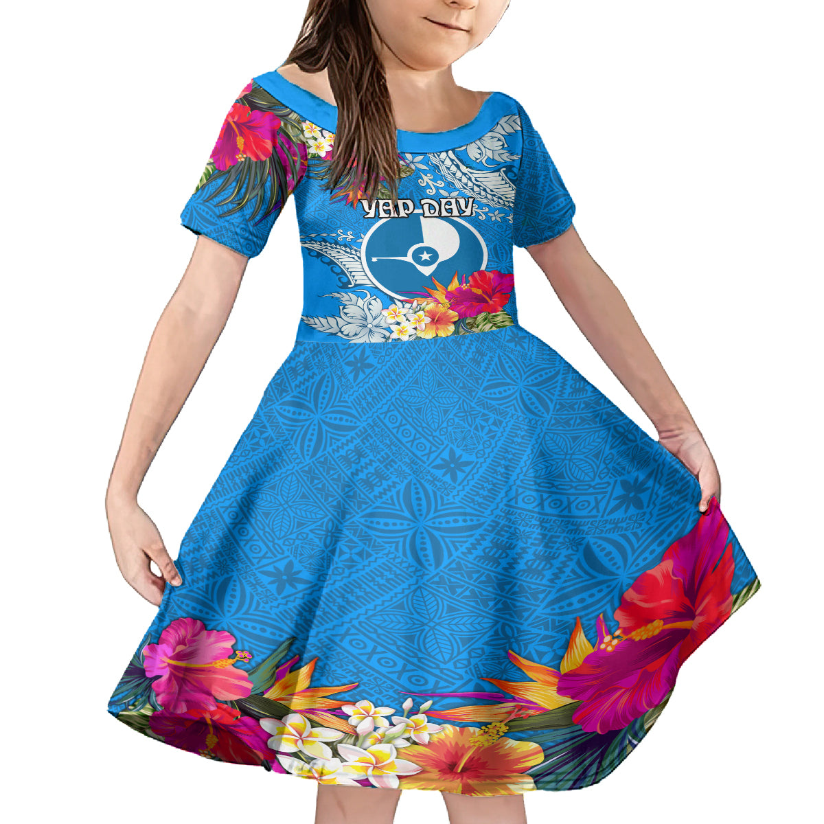 Yap Day Family Matching Tank Maxi Dress and Hawaiian Shirt Tapa Pattern with Hisbiscus LT03 Daughter's Dress Blue - Polynesian Pride