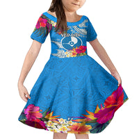 Yap Day Kid Short Sleeve Dress Tapa Pattern with Hisbiscus LT03 KID Blue - Polynesian Pride