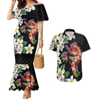 Hawaiian Lei Day Couples Matching Mermaid Dress and Hawaiian Shirt Plumeria and Turtle with Polynesian Tribal Pattern