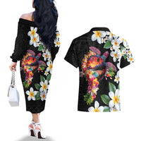 Hawaiian Lei Day Couples Matching Off The Shoulder Long Sleeve Dress and Hawaiian Shirt Plumeria and Turtle with Polynesian Tribal Pattern