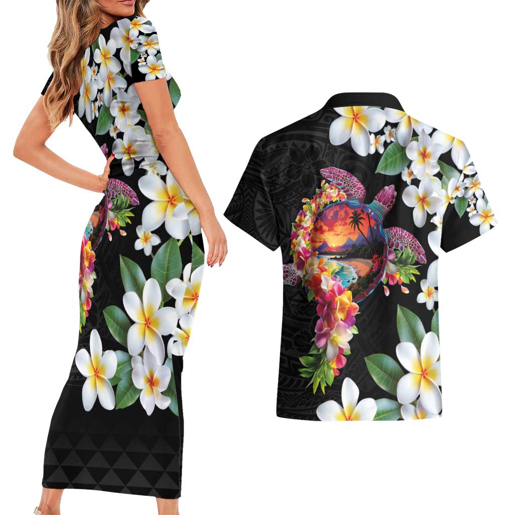 Hawaiian Lei Day Couples Matching Short Sleeve Bodycon Dress and Hawaiian Shirt Plumeria and Turtle with Polynesian Tribal Pattern