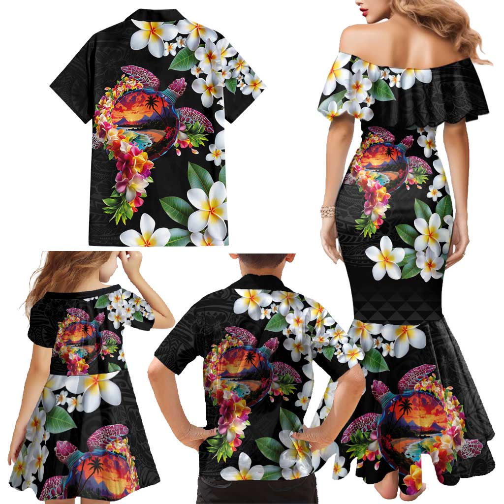 Hawaiian Lei Day Family Matching Mermaid Dress and Hawaiian Shirt Plumeria and Turtle with Polynesian Tribal Pattern LT03 - Polynesian Pride