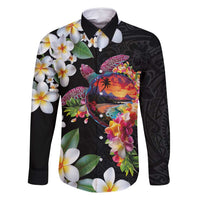 Hawaiian Lei Day Family Matching Mermaid Dress and Hawaiian Shirt Plumeria and Turtle with Polynesian Tribal Pattern LT03 Dad's Shirt - Long Sleeve Black - Polynesian Pride