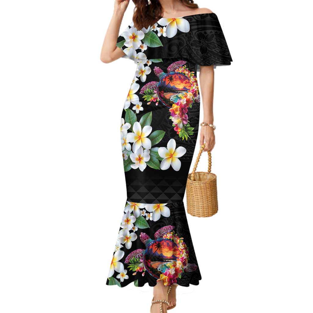 Hawaiian Lei Day Family Matching Mermaid Dress and Hawaiian Shirt Plumeria and Turtle with Polynesian Tribal Pattern LT03 Mom's Dress Black - Polynesian Pride