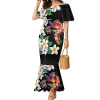 Hawaiian Lei Day Family Matching Mermaid Dress and Hawaiian Shirt Plumeria and Turtle with Polynesian Tribal Pattern LT03 Mom's Dress Black - Polynesian Pride