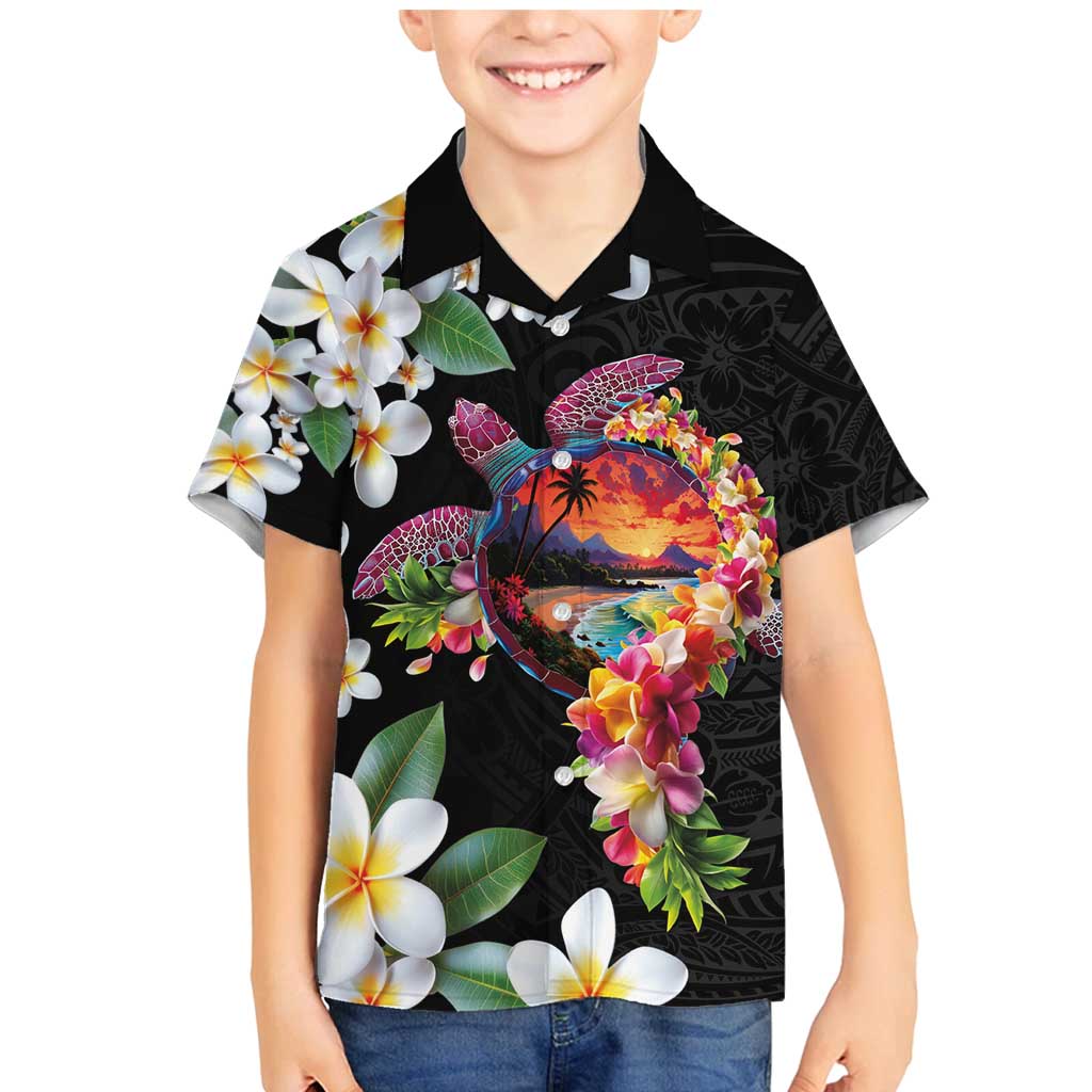 Hawaiian Lei Day Family Matching Mermaid Dress and Hawaiian Shirt Plumeria and Turtle with Polynesian Tribal Pattern LT03 Son's Shirt Black - Polynesian Pride