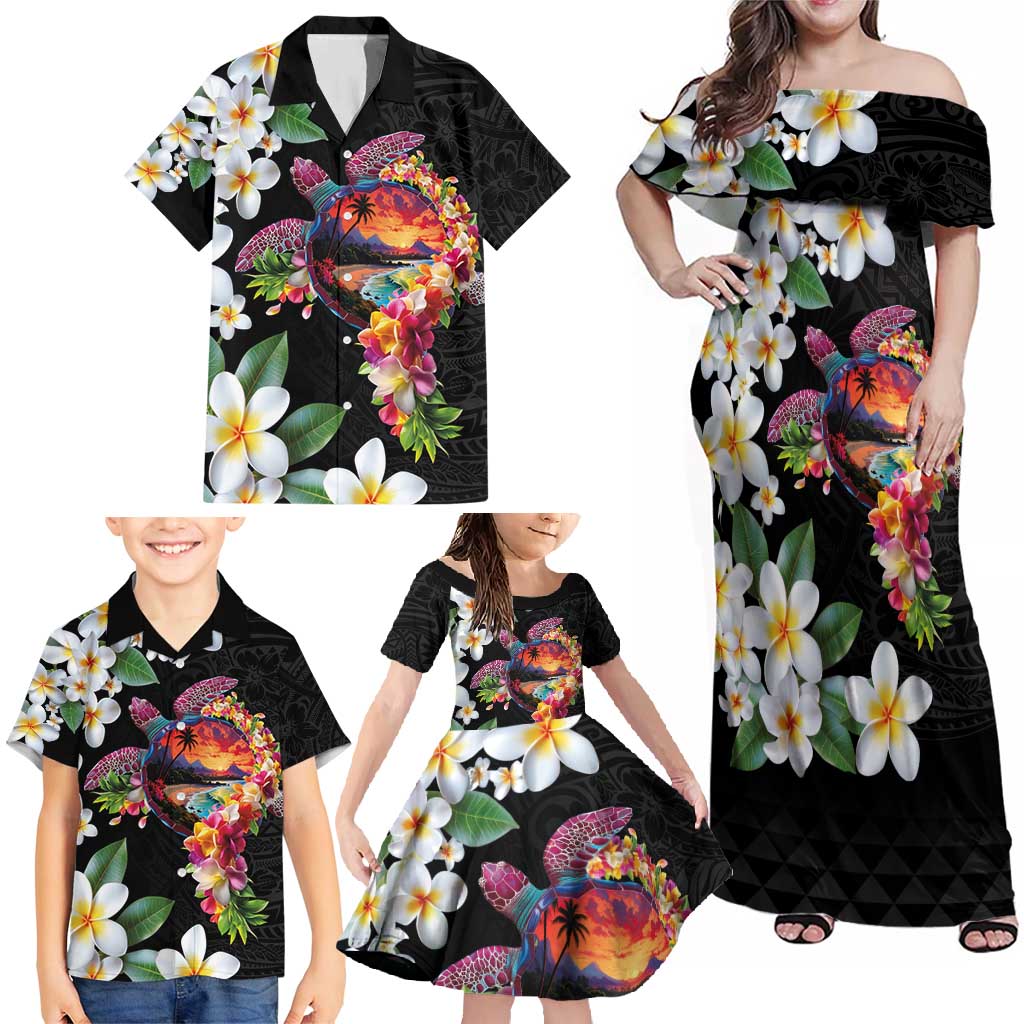 Hawaiian Lei Day Family Matching Off Shoulder Maxi Dress and Hawaiian Shirt Plumeria and Turtle with Polynesian Tribal Pattern LT03 - Polynesian Pride