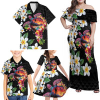 Hawaiian Lei Day Family Matching Off Shoulder Maxi Dress and Hawaiian Shirt Plumeria and Turtle with Polynesian Tribal Pattern LT03 - Polynesian Pride