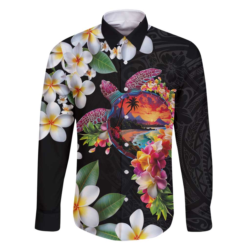 Hawaiian Lei Day Family Matching Off Shoulder Maxi Dress and Hawaiian Shirt Plumeria and Turtle with Polynesian Tribal Pattern LT03 Dad's Shirt - Long Sleeve Black - Polynesian Pride
