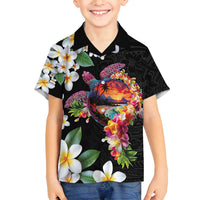 Hawaiian Lei Day Family Matching Off Shoulder Maxi Dress and Hawaiian Shirt Plumeria and Turtle with Polynesian Tribal Pattern LT03 Son's Shirt Black - Polynesian Pride