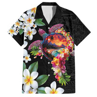 Hawaiian Lei Day Family Matching Puletasi and Hawaiian Shirt Plumeria and Turtle with Polynesian Tribal Pattern LT03 Dad's Shirt - Short Sleeve Black - Polynesian Pride
