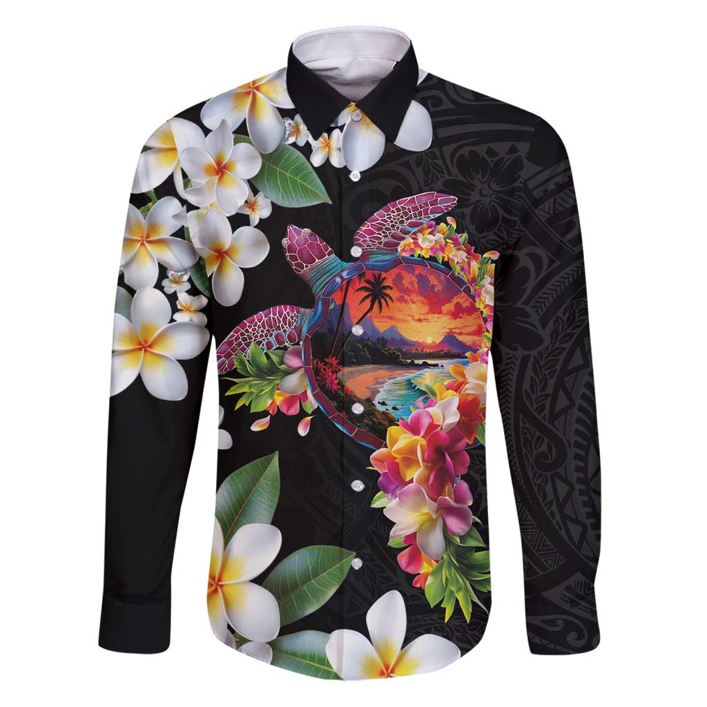 Hawaiian Lei Day Family Matching Puletasi and Hawaiian Shirt Plumeria and Turtle with Polynesian Tribal Pattern LT03 Dad's Shirt - Long Sleeve Black - Polynesian Pride