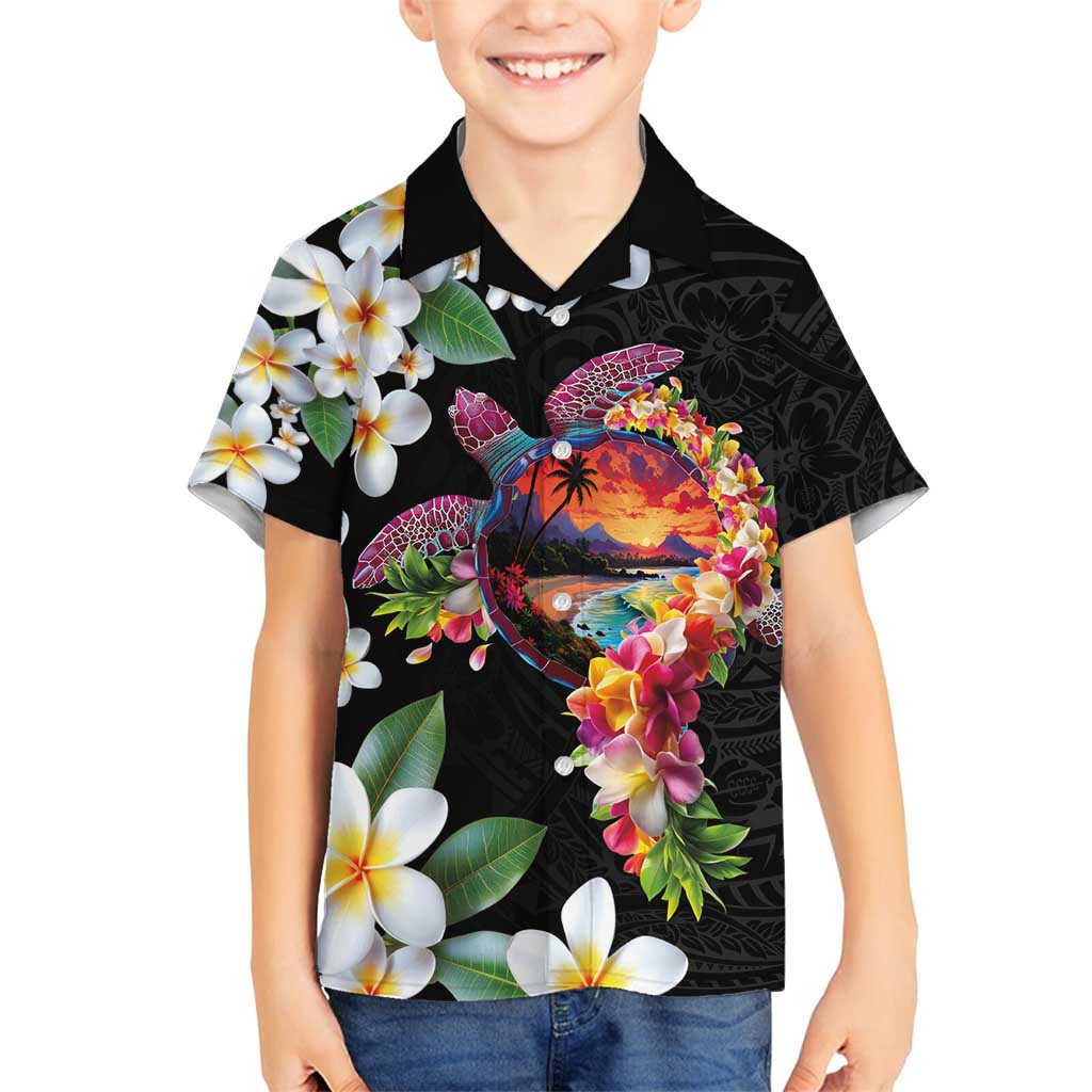 Hawaiian Lei Day Family Matching Puletasi and Hawaiian Shirt Plumeria and Turtle with Polynesian Tribal Pattern LT03 Son's Shirt Black - Polynesian Pride