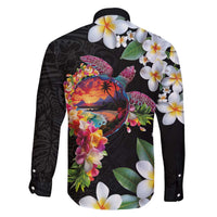 Hawaiian Lei Day Family Matching Short Sleeve Bodycon Dress and Hawaiian Shirt Plumeria and Turtle with Polynesian Tribal Pattern