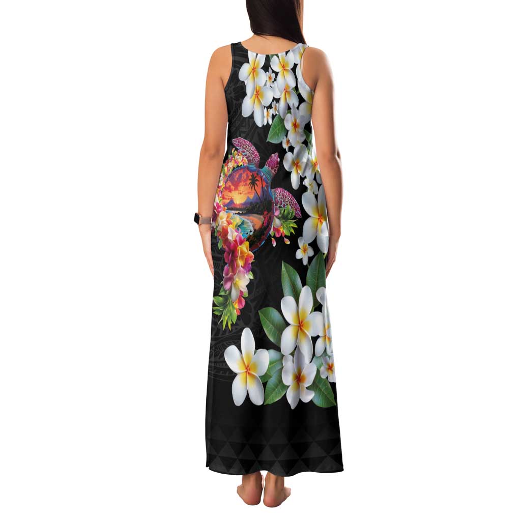 Hawaiian Lei Day Family Matching Tank Maxi Dress and Hawaiian Shirt Plumeria and Turtle with Polynesian Tribal Pattern