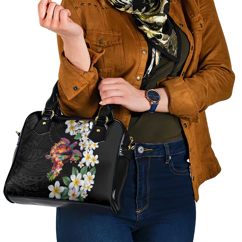 Hawaiian Lei Day Shoulder Handbag Plumeria and Turtle with Polynesian Tribal Pattern