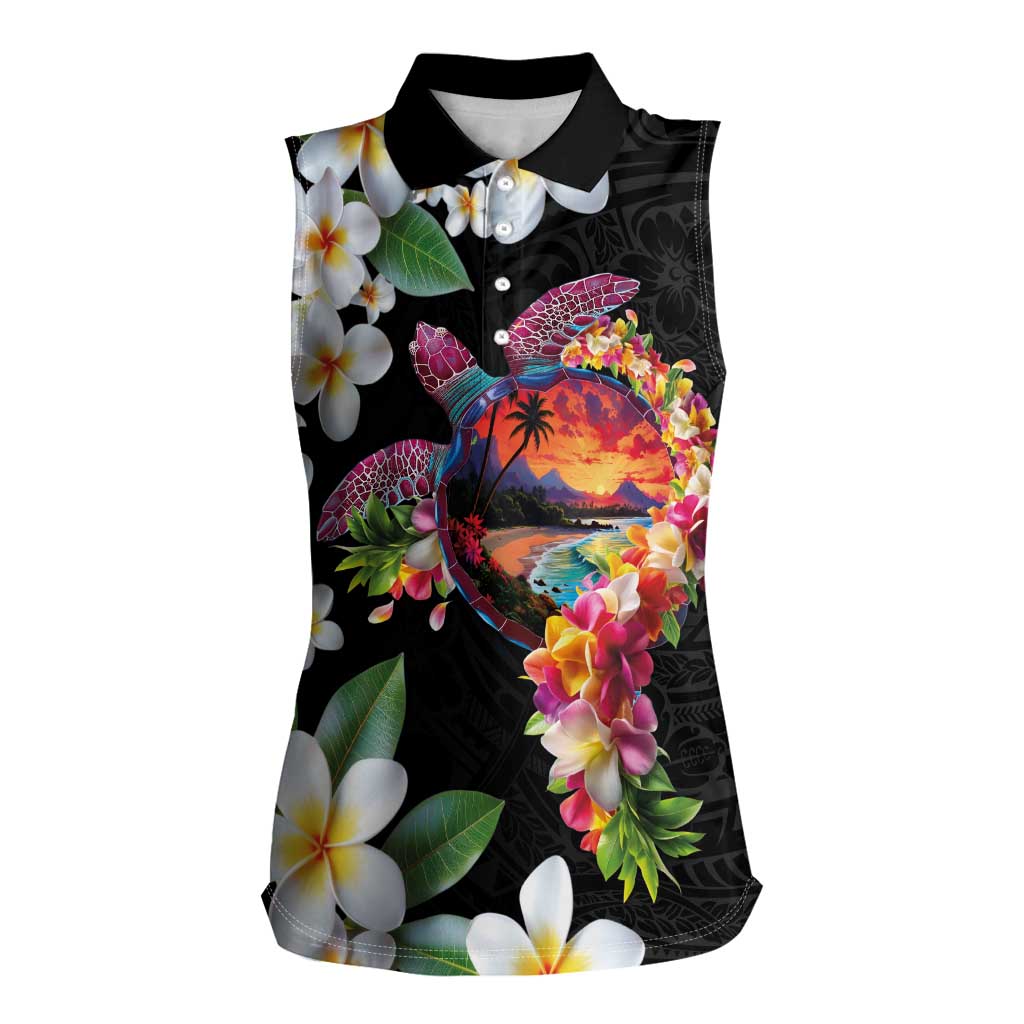 Hawaiian Lei Day Women Sleeveless Polo Shirt Plumeria and Turtle with Polynesian Tribal Pattern LT03 Female Black - Polynesian Pride
