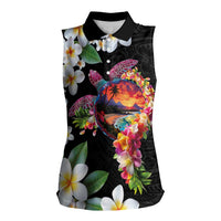 Hawaiian Lei Day Women Sleeveless Polo Shirt Plumeria and Turtle with Polynesian Tribal Pattern LT03 Female Black - Polynesian Pride