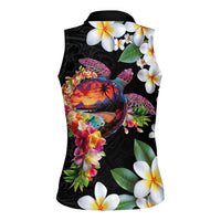 Hawaiian Lei Day Women Sleeveless Polo Shirt Plumeria and Turtle with Polynesian Tribal Pattern LT03 - Polynesian Pride