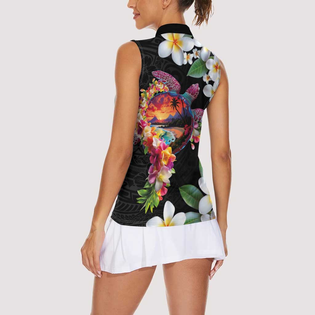 Hawaiian Lei Day Women Sleeveless Polo Shirt Plumeria and Turtle with Polynesian Tribal Pattern LT03 - Polynesian Pride