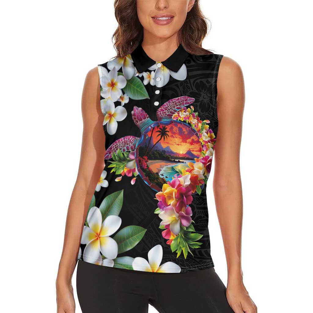 Hawaiian Lei Day Women Sleeveless Polo Shirt Plumeria and Turtle with Polynesian Tribal Pattern LT03 - Polynesian Pride